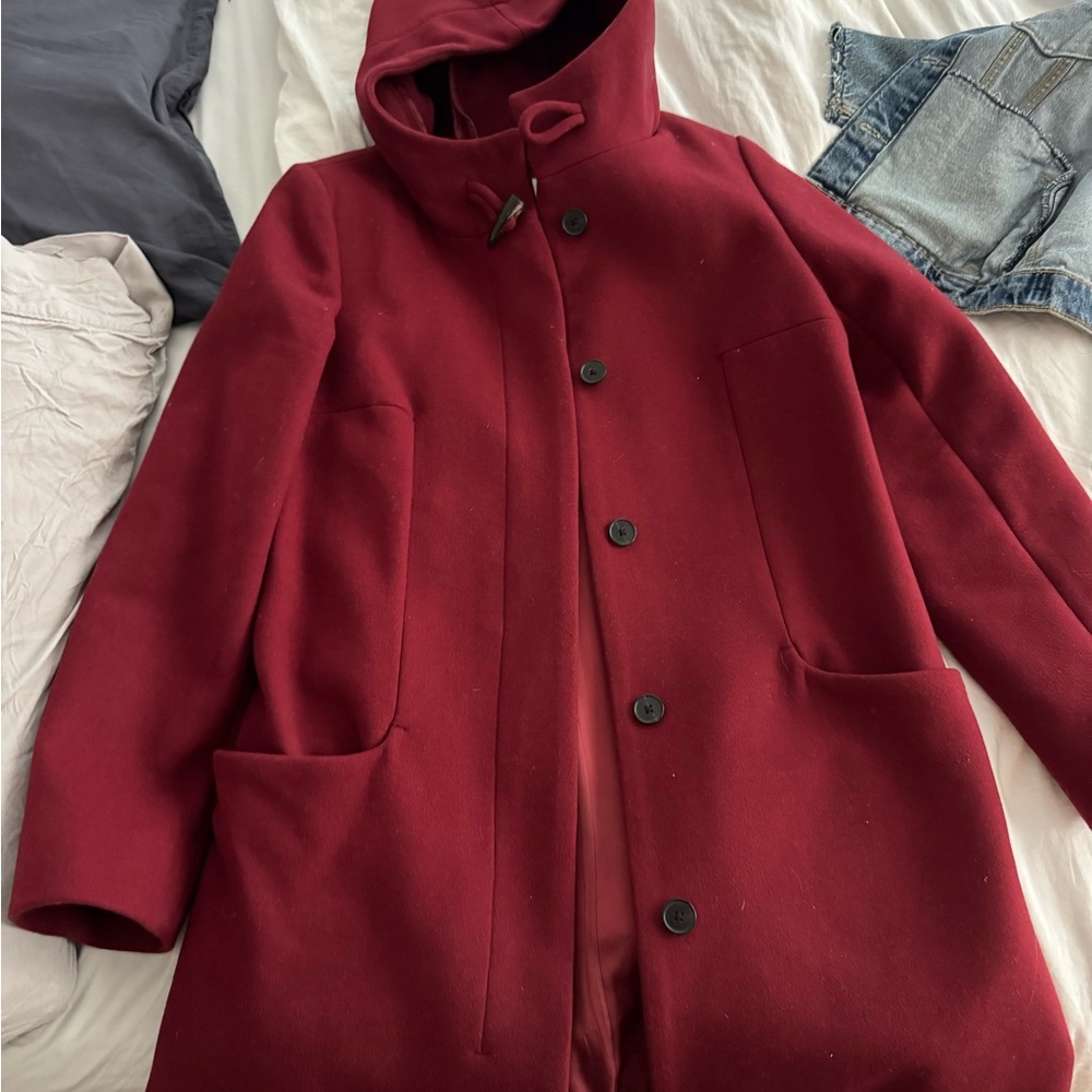 Babaton red pea coat with hood size Large